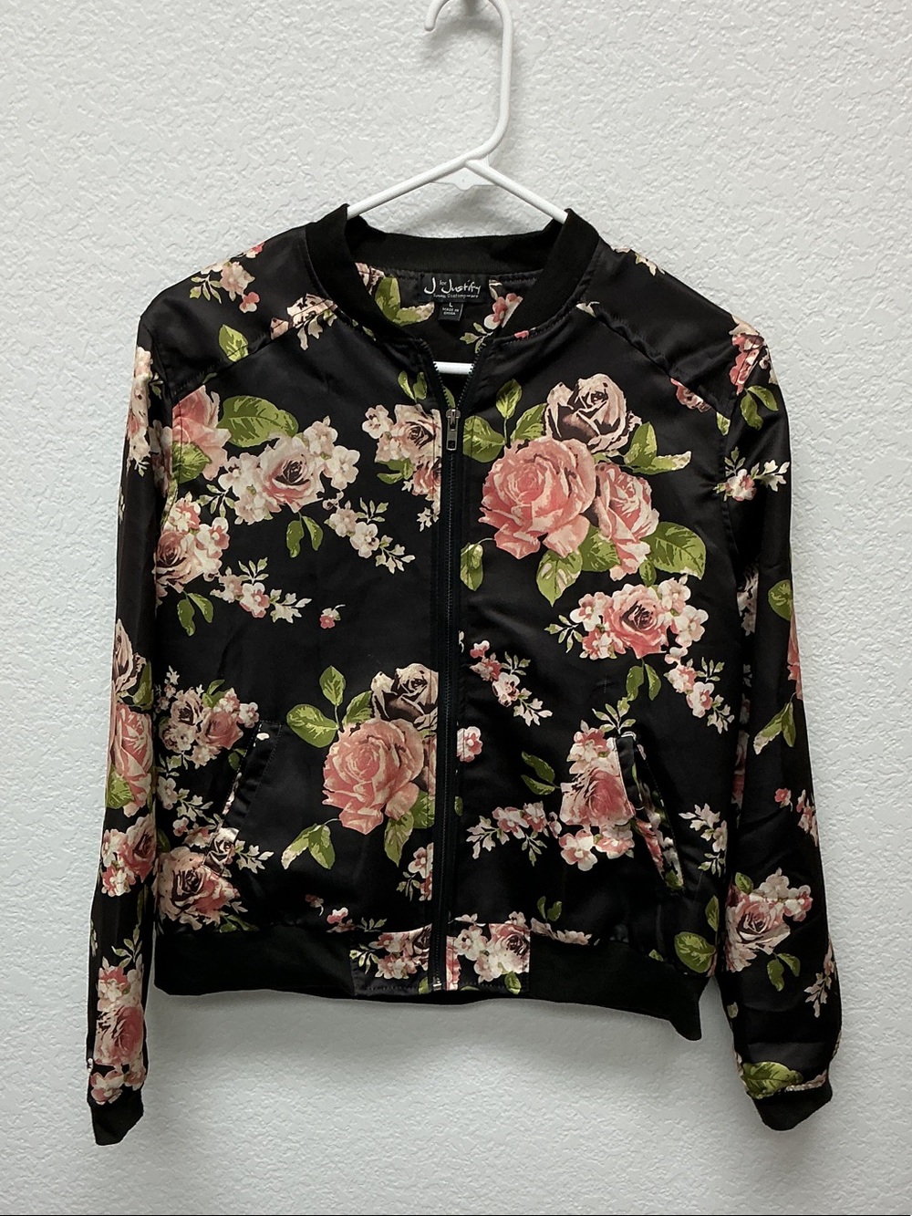 Justify Black Floral Satin Bomber Jacket with Pink Roses